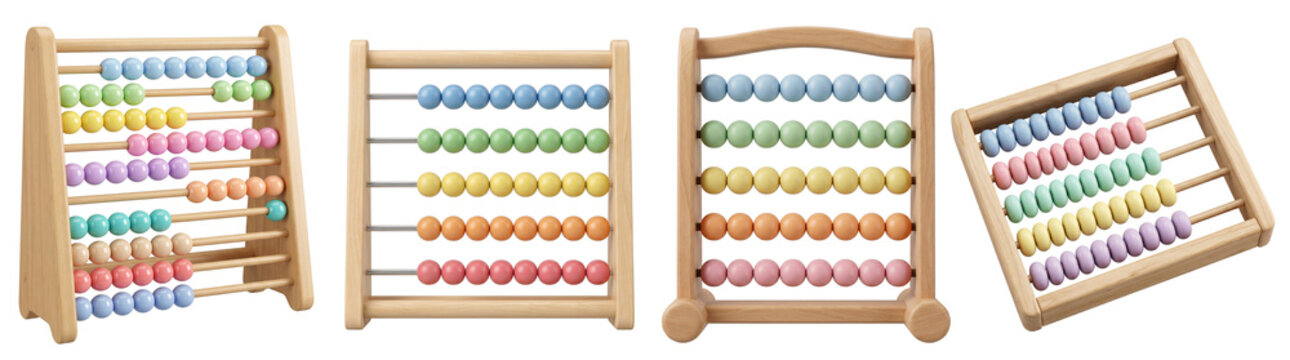 Wooden abacus toys with colorful counting beads arranged in various angles for educational learning displayed isolated on transparent background
