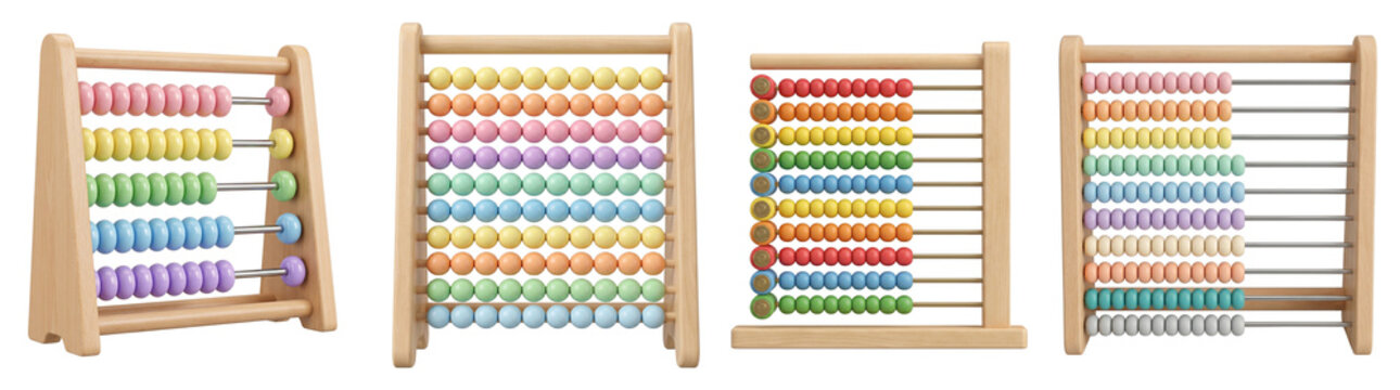 Wooden abacus toys featuring colorful beads and metal rods for early childhood math learning tools displayed on transparent background