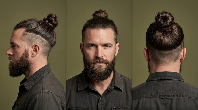 Multiple angles of handsome bearded man with man bun and undercut hairstyle on green background.