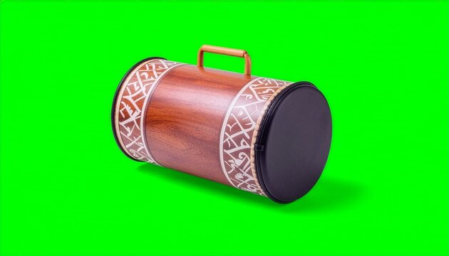 Wooden drum with elegant etched patterns and metal handle. Green screen background isolates the instrument clearly. Perfect for cultural, musical, or traditional project visuals