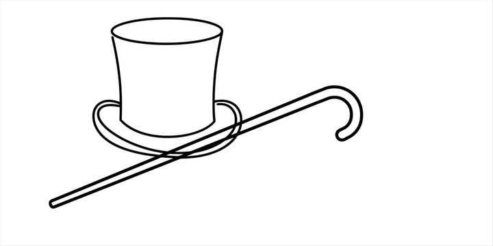 Black line drawing of a classic top hat and a walking cane stick isolated on a white background for magic show or gentleman style Vector, illustration