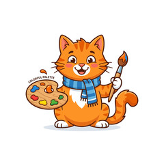Fototapeta premium A cheerful cartoon orange cat wearing a scarf, holding an artist's palette and paintbrush.