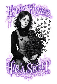 Gothic woman holding dark floral bouquet with mystery text. Enigmatic female model embracing eerie purple flowers for occult-themed design.