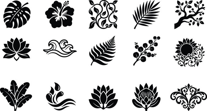 Black silhouette of tropical plants, flowers, and decorative including monstera, hibiscus, lotus, palm leaves, and scrollwork