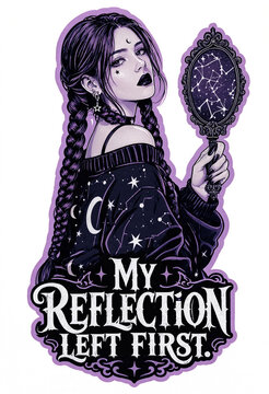 Woman examining her reflection in a gothic hand mirror. Dark feminine identity portrait with vintage ink illustration style.