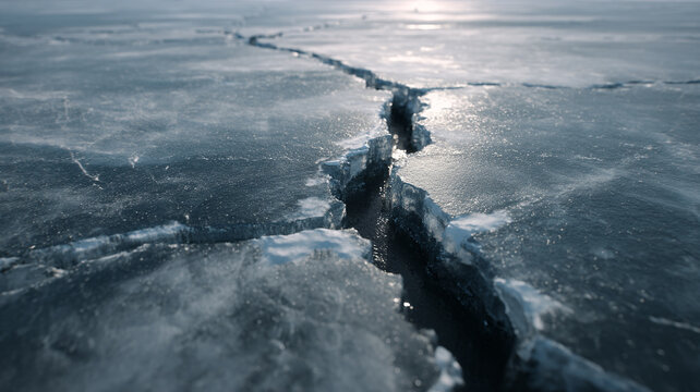 ice surface cracking suddenly from center, sharp fracture spreading outward