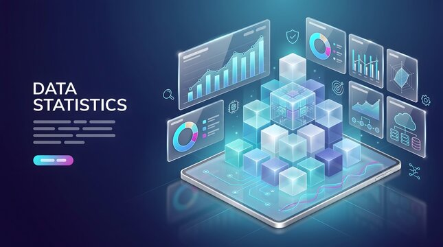 Predictive analytics software interface displaying isometric server cubes and futuristic data statistics graphs