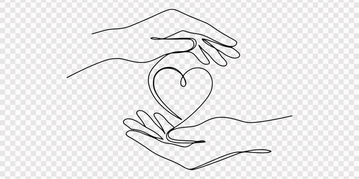 Hand holding a red heart. Love and charity concept. Continuous one line drawing with color vector illustration, two hands hold a heart shape,  continuous one line drawing, Continuous one line drawing