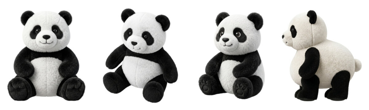 Four fluffy black and white panda bear toys arranged in different poses for children displayed neatly on transparent background