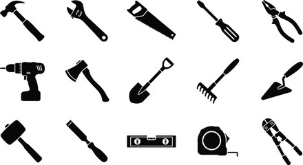 Collection of fifteen black silhouette construction and gardening tool including hammer, wrench, saw, screwdriver, drill, and shovel © GT Designs