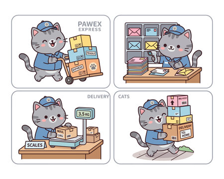 A collection of four cartoon illustrations depicting a cute cat working as a postal or delivery service employee, handling packages and mail.