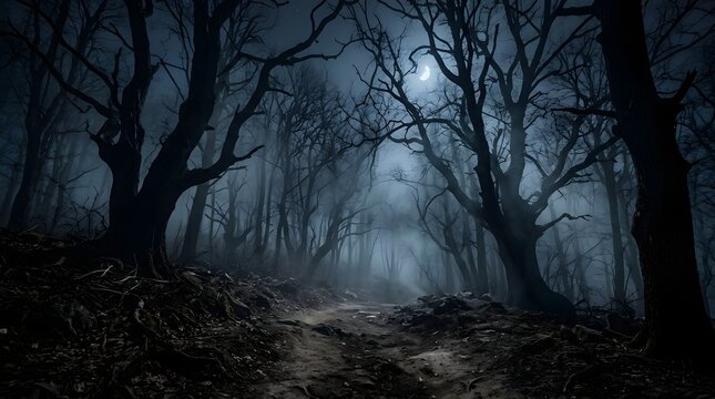 Spooky dark forest with moonlight and fog, mysterious halloween night landscape, eerie haunted background