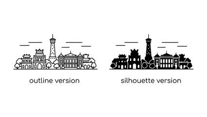 Cityscape Duo: A striking comparison of a city skyline, presented in both an outline and a silhouette version, showcasing architectural details and the urban landscape. © helal