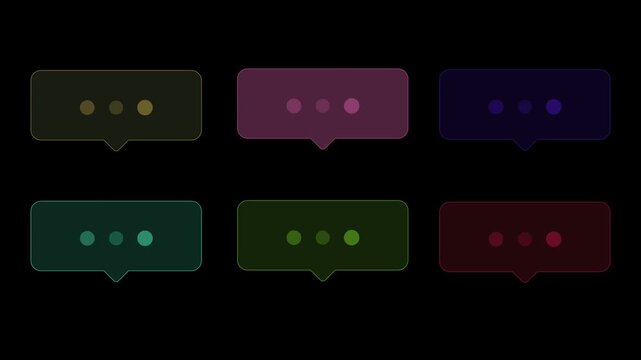 Colorful chat bubble typing animation loop with glowing message dots on black background