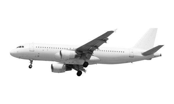White passenger airplane isolated on white background, commercial jet with landing gear down, side view