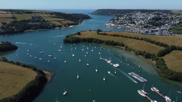 Aerial drone view of Salcombe Harbour and coastline, South Devon, England