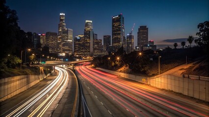 Fototapeta premium Los Angeles Downtown Freeway Night Traffic