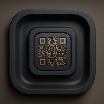 3d qr code icon in black and brown, top view on dark background, modern digital payment and scan technology concept with copy space for branding and ads.