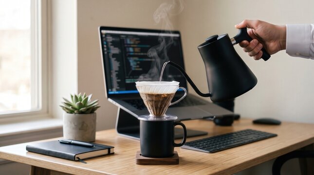 Barista hand pouring hot water into drip coffee maker on wooden desk with laptop and office supplies.