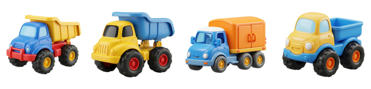 Colorful plastic toy trucks set featuring dumpers and cargo vehicles rendered in bright saturated primary colors isolated on transparent background