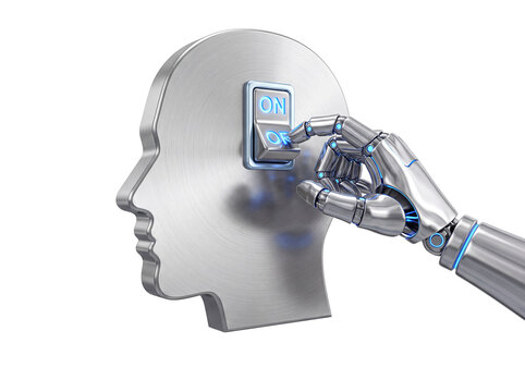 Metallic robot hand flipping switch on silver human head