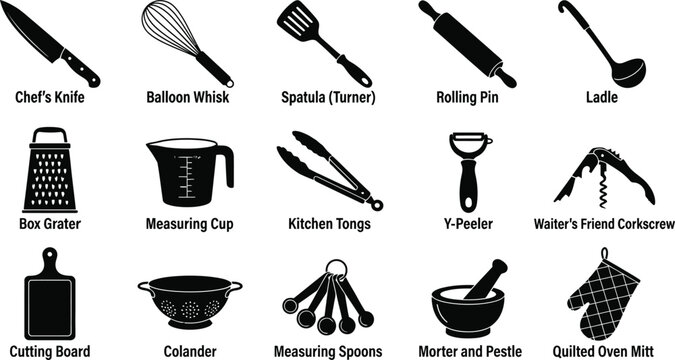 Set of black kitchen tool with labels including chef knife, whisk, spatula, rolling pin, ladle, grater, measuring cup, and tongs