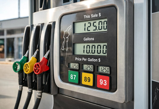 Close up of digital gas pump meter screen showing fuel volume digits and price per gallon values during vehicle refueling
