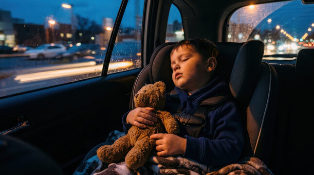 Boy asleep car seat child teddy bear vehicle night window travel safety, young boy sleeping in child car seat holding teddy bear during night ride with rain on window and city light outside
