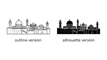 Naklejka premium Jerusalem Skyline Icons: A depiction of the iconic Jerusalem skyline presented in both outline and silhouette versions, showcasing prominent architectural landmarks.