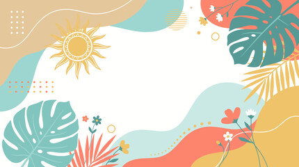 Fototapeta premium Minimalist summer vector banner with tropical monstera leaves, bright sun, seashells, and citrus fruits on abstract organic shapes, perfect for beach party invitations, travel marketing, and posters. 