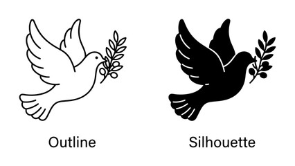 Fototapeta premium Symbol of Peace: Two doves, one outlined and one in silhouette, fly gracefully while carrying olive branches, representing peace, hope, and a message of goodwill.