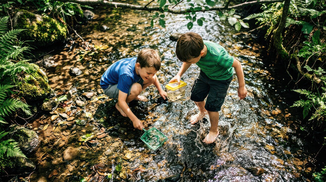 Boy creek tadpole child nature water net forest summer exploration, two boys catching tadpoles in shallow rocky creek with nets, curious outdoor childhood play in green woodland stream