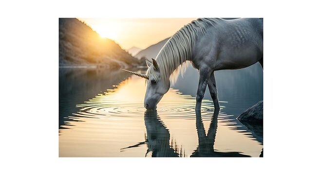 Majestic White Unicornio Drinking from a Serene Mountain Lake