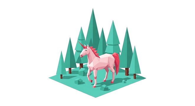 Low Poly Unicornio in a Magical Geometric Forest Isometric Art