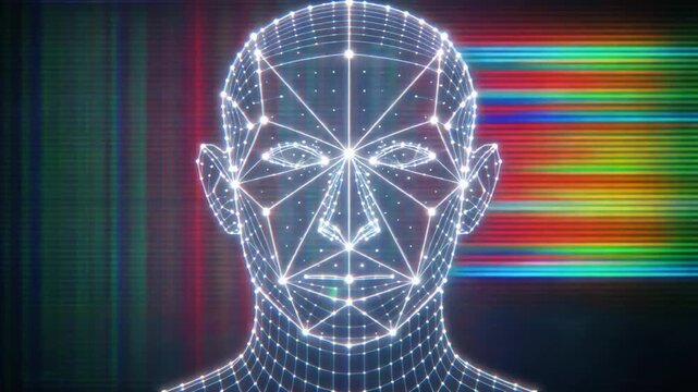 Pulsating digital human head formed by glowing particles, then resolving into a futuristic wireframe mesh with data streams, symbolizing artificial intelligence