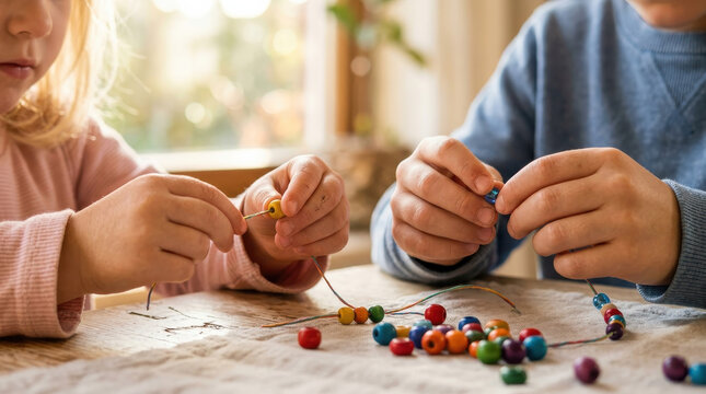 Child sibling bead threading colorful hand craft table creative indoor
