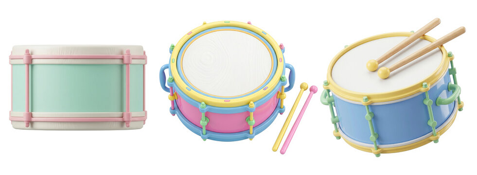 Colorful 3d rendered snare drums showing multiple angles with wooden sticks and soft pastel plastic hardware details on transparent background