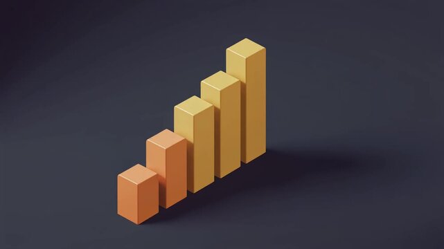 Growing Bar Chart Animation, Isometric View with Orange and Yellow Bars on Dark Background, Symbolizing Business Growth, Data Trends, and Financial Progress