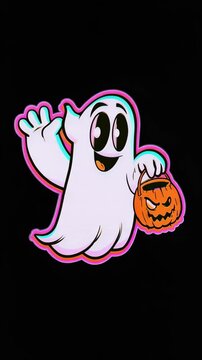 Cute Halloween ghost holding jack o' lantern pumpkin bucket on black background, adorable spooky cartoon animation, vertical holiday video