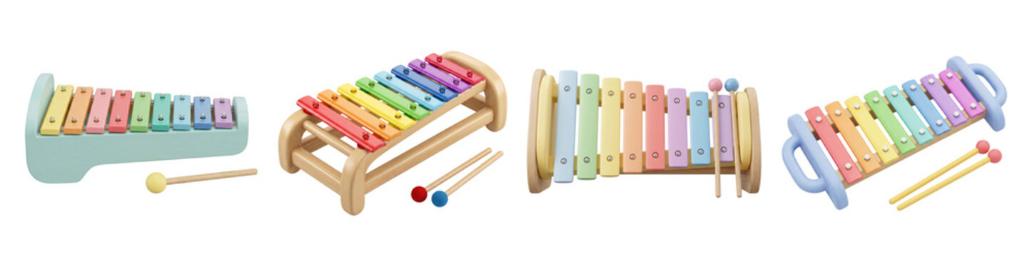 Colorful wooden toy xylophones arranged in different playful angles with matching mallets designed as a set on transparent background