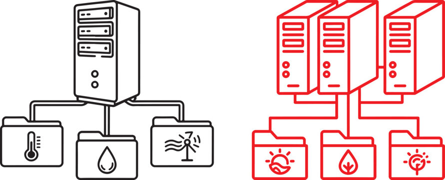 Green IT and eco-friendly data center vector icons showing servers connected to environmental folders with temperature water wind solar and leaf symbols