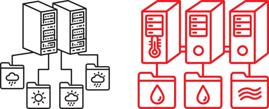 Server database vector icon set with weather and environmental data folders for cloud storage and climate monitoring