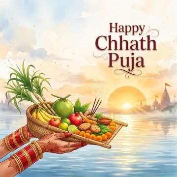 Hand Holding Traditional Chhath Puja Soop with Rising Sun Over Sacred River