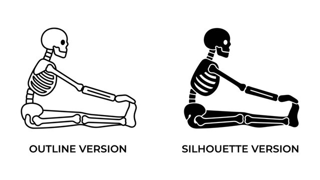 Skeleton Pose: A clear depiction of a human skeleton in a seated stretching pose, presented in both an outline and a silhouette version, ideal for anatomical or fitness-related graphics.