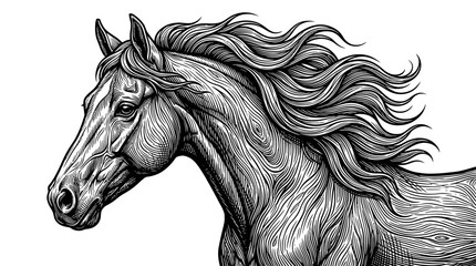 Horse profile captures a dynamic sense of motion with long flowing mane hair that incorporates stylized wood grain patterns throughout the neck and head. © Novaria