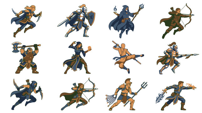 Action fantasy hero character poses and designs.