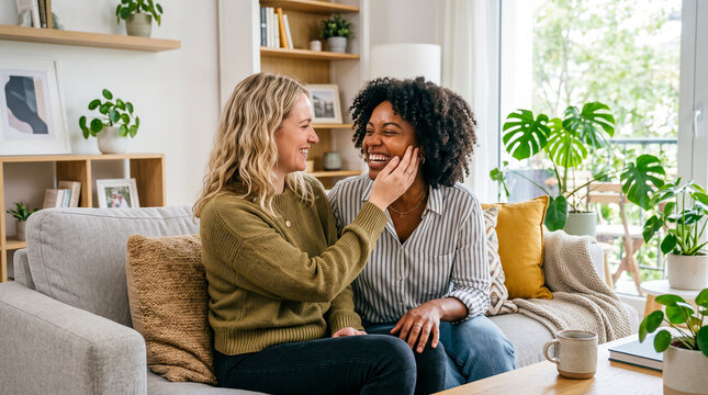 Pareja de mujeres en el sal&oacute;n de su casa compartiendo risas y caricias afectuosas en un ambiente luminoso, moderno y acogedor.