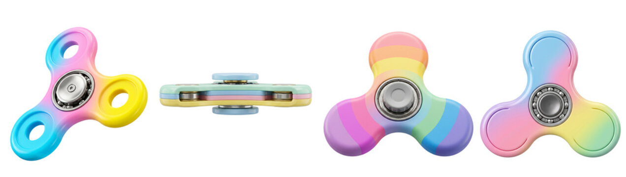 Multiple colorful fidget spinners showing various angles and vibrant pastel gradients for stress relief and fun play on transparent background