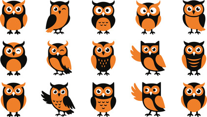 Obraz premium Set of cute cartoon owl characters for haloween celebration with various expressions and poses on white background