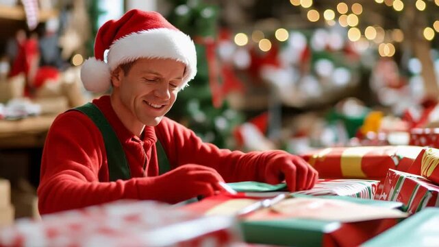 Santa's workshop: cheerful elf meticulously wrapping christmas gifts amidst holiday decorations